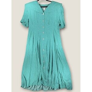 Vintage Ellen Ashley Polka Dot Dress Sz 14 Green White Rayon Button Up Midi